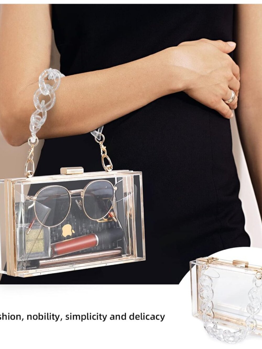 Clear Acrylic Crossbody Purse - Stadium Approved Box Clutch with Gold Chain, Sma - Picture 6 of 6